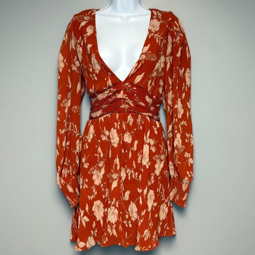 NWT Lumiere Boho Hippie Floral V-Neck Puff Sleeve Short Orange Dress Womens Sz M